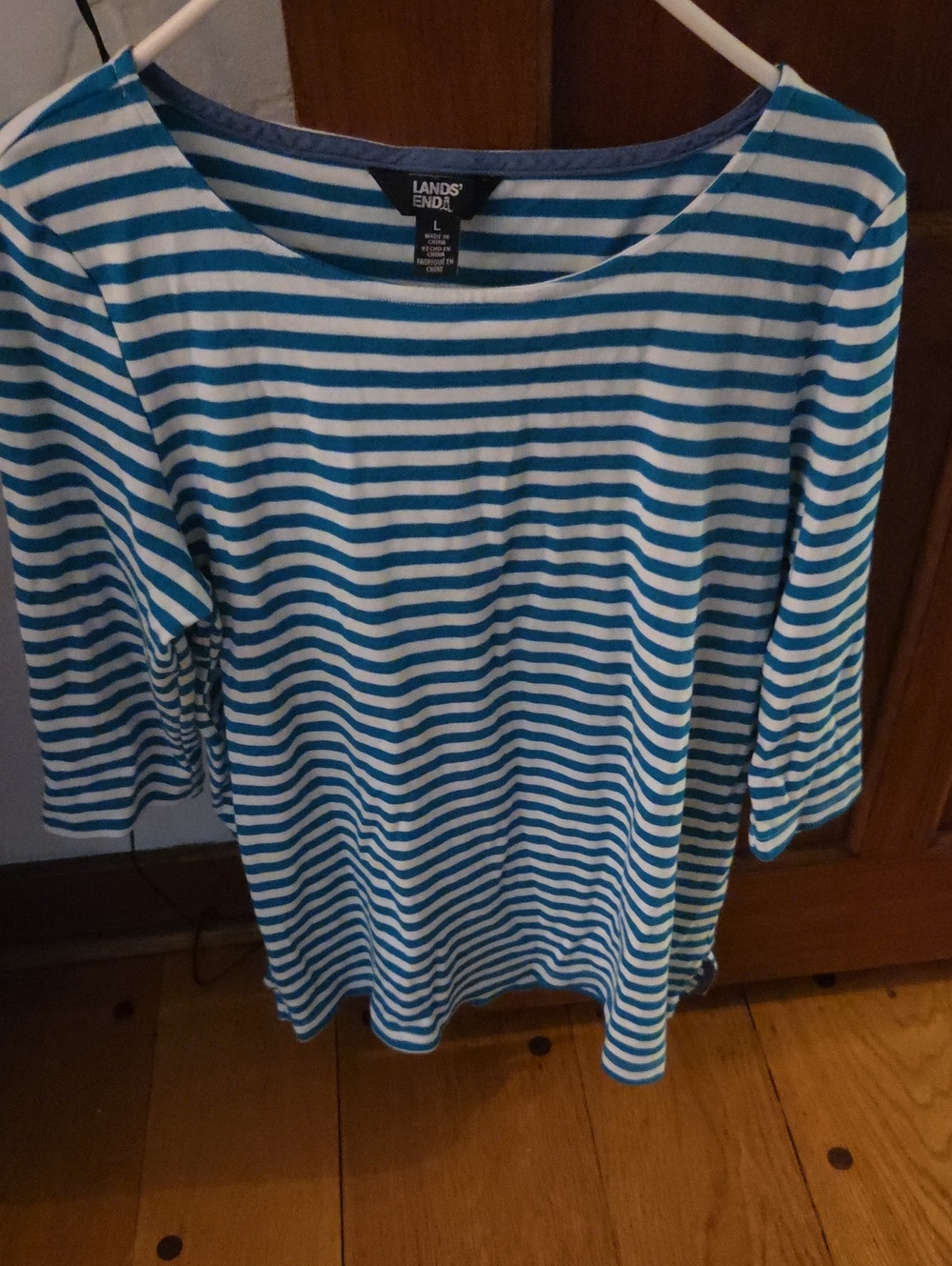 Lands' End Women's Teal and White Striped Long Sleeve Tee